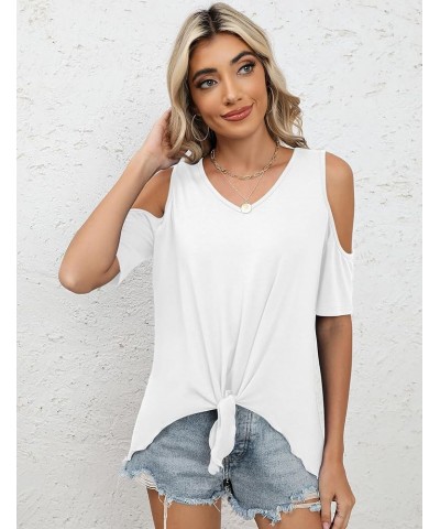 Cold Shoulder Tops for Women Summer Casual Tie Knot Front V Neck Short Sleeve Shirts Blouses White $12.09 Blouses