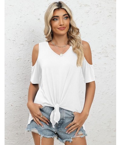 Cold Shoulder Tops for Women Summer Casual Tie Knot Front V Neck Short Sleeve Shirts Blouses White $12.09 Blouses