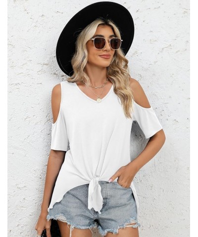 Cold Shoulder Tops for Women Summer Casual Tie Knot Front V Neck Short Sleeve Shirts Blouses White $12.09 Blouses