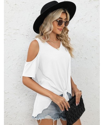 Cold Shoulder Tops for Women Summer Casual Tie Knot Front V Neck Short Sleeve Shirts Blouses White $12.09 Blouses