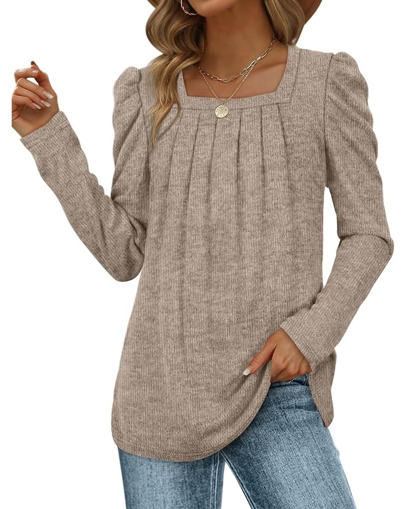 Womens Sweaters Lightweight Puff Sleeve Pleated Square Neck Tunic Shirts Loose Fit 04-grey Coffee $15.40 Sweaters