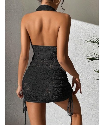 Women's Hollow Out Cover Up Dress Drawstring Side Halter Sleeveless Beach Swimsuit Black $13.44 Swimsuits