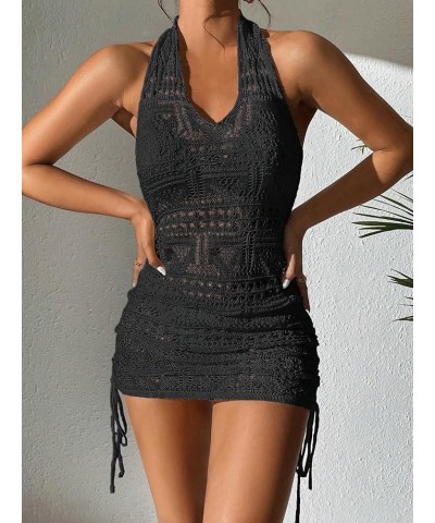 Women's Hollow Out Cover Up Dress Drawstring Side Halter Sleeveless Beach Swimsuit Black $13.44 Swimsuits