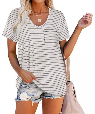 Women Summer T Shirts Short Sleeve Rounded V Neck Pocket Tee Tops 00-white Striped $12.00 T-Shirts