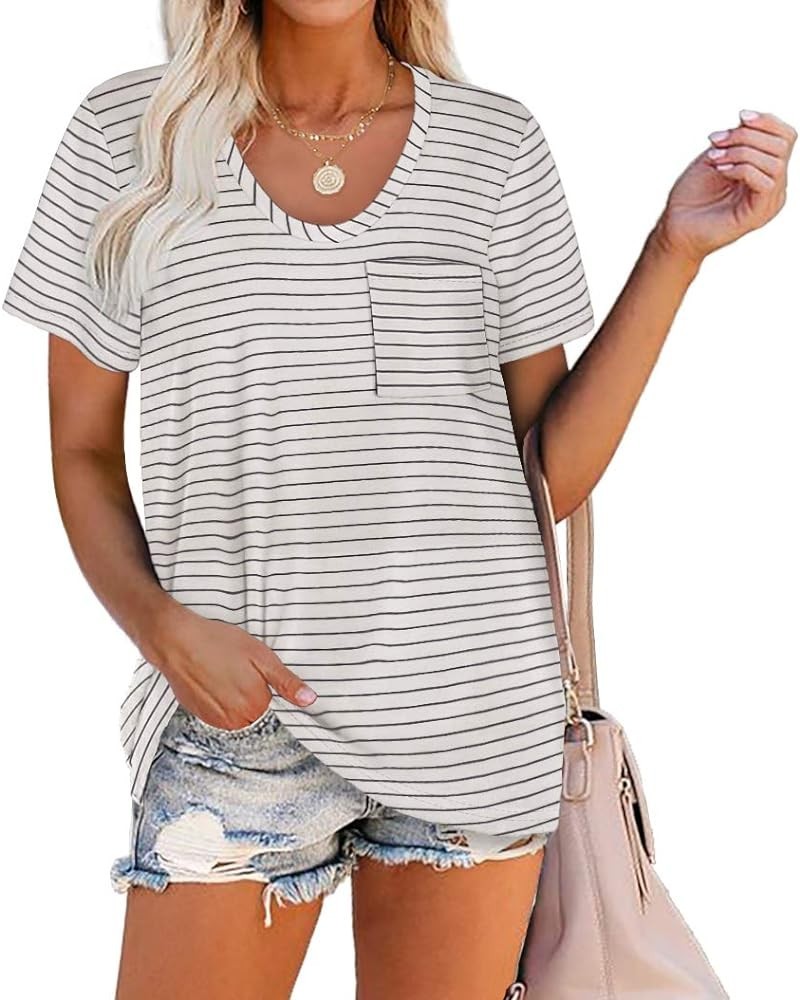 Women Summer T Shirts Short Sleeve Rounded V Neck Pocket Tee Tops 00-white Striped $12.00 T-Shirts