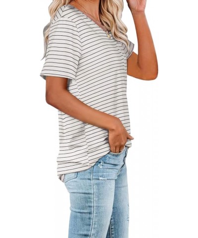 Women Summer T Shirts Short Sleeve Rounded V Neck Pocket Tee Tops 00-white Striped $12.00 T-Shirts