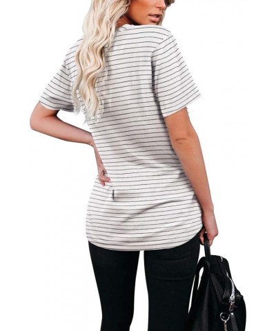 Women Summer T Shirts Short Sleeve Rounded V Neck Pocket Tee Tops 00-white Striped $12.00 T-Shirts