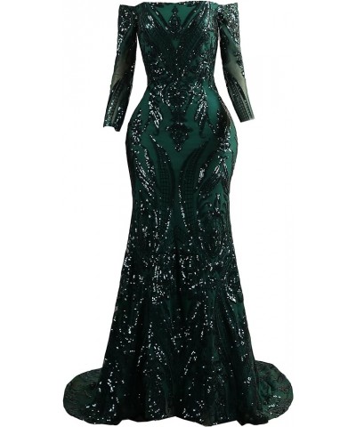 Women's Bateau Long Sleeves Sequins Mermaid Evening Dress Green-2 $63.00 Dresses