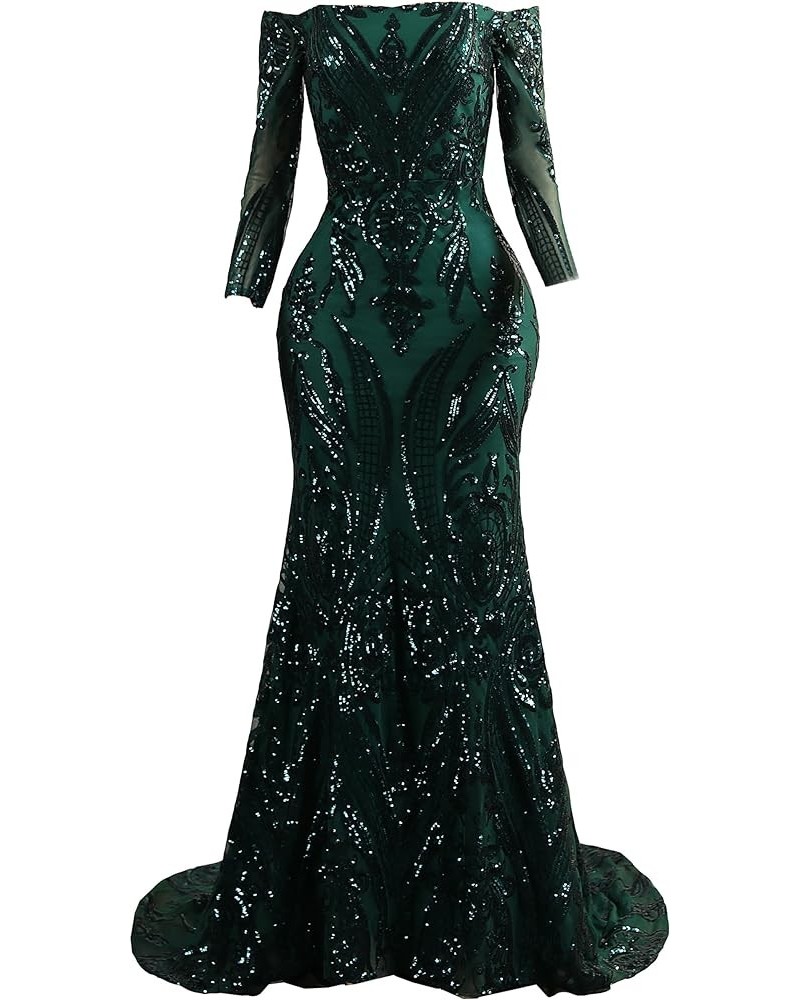 Women's Bateau Long Sleeves Sequins Mermaid Evening Dress Green-2 $63.00 Dresses