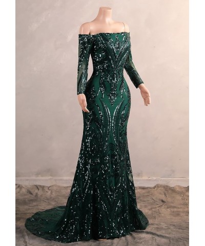 Women's Bateau Long Sleeves Sequins Mermaid Evening Dress Green-2 $63.00 Dresses