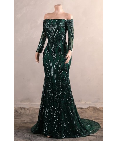 Women's Bateau Long Sleeves Sequins Mermaid Evening Dress Green-2 $63.00 Dresses