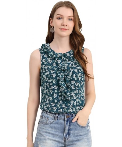 Women's Floral Blouse Ruffle Round Neck Cami Tank Chiffon Sleeveless Top Blue $10.39 Tanks