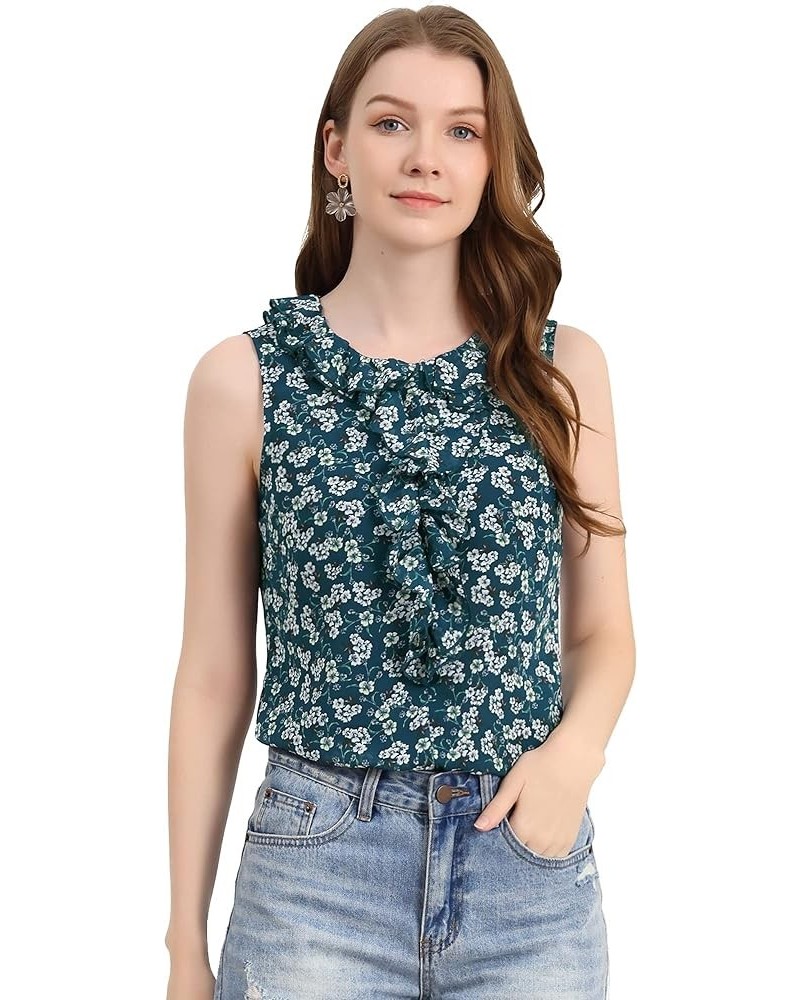 Women's Floral Blouse Ruffle Round Neck Cami Tank Chiffon Sleeveless Top Blue $10.39 Tanks