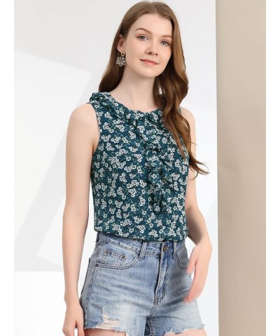 Women's Floral Blouse Ruffle Round Neck Cami Tank Chiffon Sleeveless Top Blue $10.39 Tanks