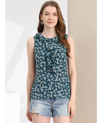 Women's Floral Blouse Ruffle Round Neck Cami Tank Chiffon Sleeveless Top Blue $10.39 Tanks