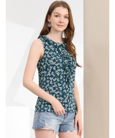 Women's Floral Blouse Ruffle Round Neck Cami Tank Chiffon Sleeveless Top Blue $10.39 Tanks