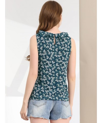 Women's Floral Blouse Ruffle Round Neck Cami Tank Chiffon Sleeveless Top Blue $10.39 Tanks