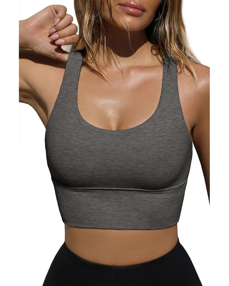 Women's Built Up Tank Style Sports Bras No Padding Ribbed Scoop Halter Neck Racerback Crop Top Yoga Dark Grey $11.25 Lingerie