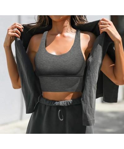 Women's Built Up Tank Style Sports Bras No Padding Ribbed Scoop Halter Neck Racerback Crop Top Yoga Dark Grey $11.25 Lingerie