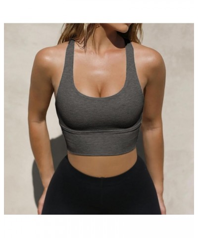 Women's Built Up Tank Style Sports Bras No Padding Ribbed Scoop Halter Neck Racerback Crop Top Yoga Dark Grey $11.25 Lingerie