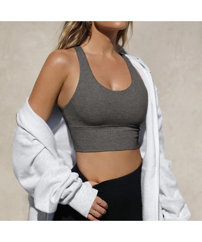 Women's Built Up Tank Style Sports Bras No Padding Ribbed Scoop Halter Neck Racerback Crop Top Yoga Dark Grey $11.25 Lingerie