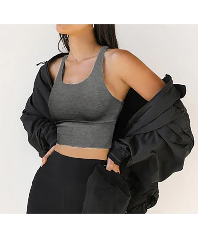 Women's Built Up Tank Style Sports Bras No Padding Ribbed Scoop Halter Neck Racerback Crop Top Yoga Dark Grey $11.25 Lingerie