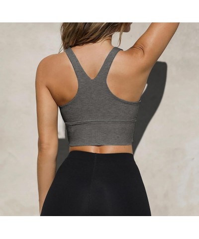 Women's Built Up Tank Style Sports Bras No Padding Ribbed Scoop Halter Neck Racerback Crop Top Yoga Dark Grey $11.25 Lingerie