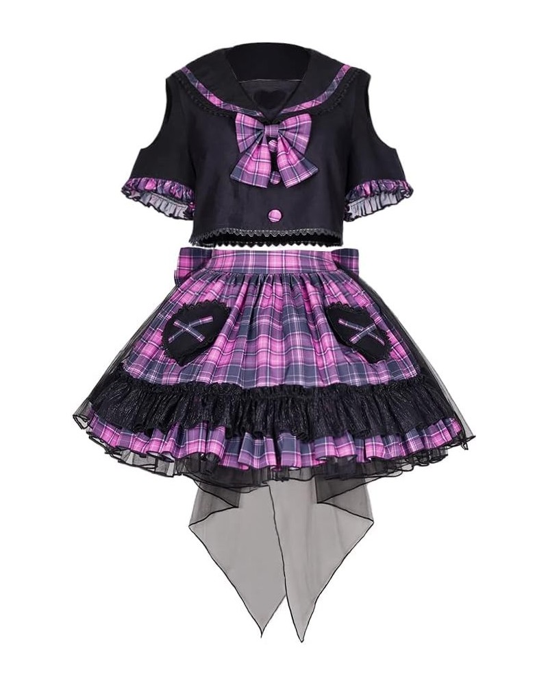 Women's Short Sleeved Sailor Collar Black Purple Plaid Dress Dress Suit Jacket+skirt $26.20 Suits