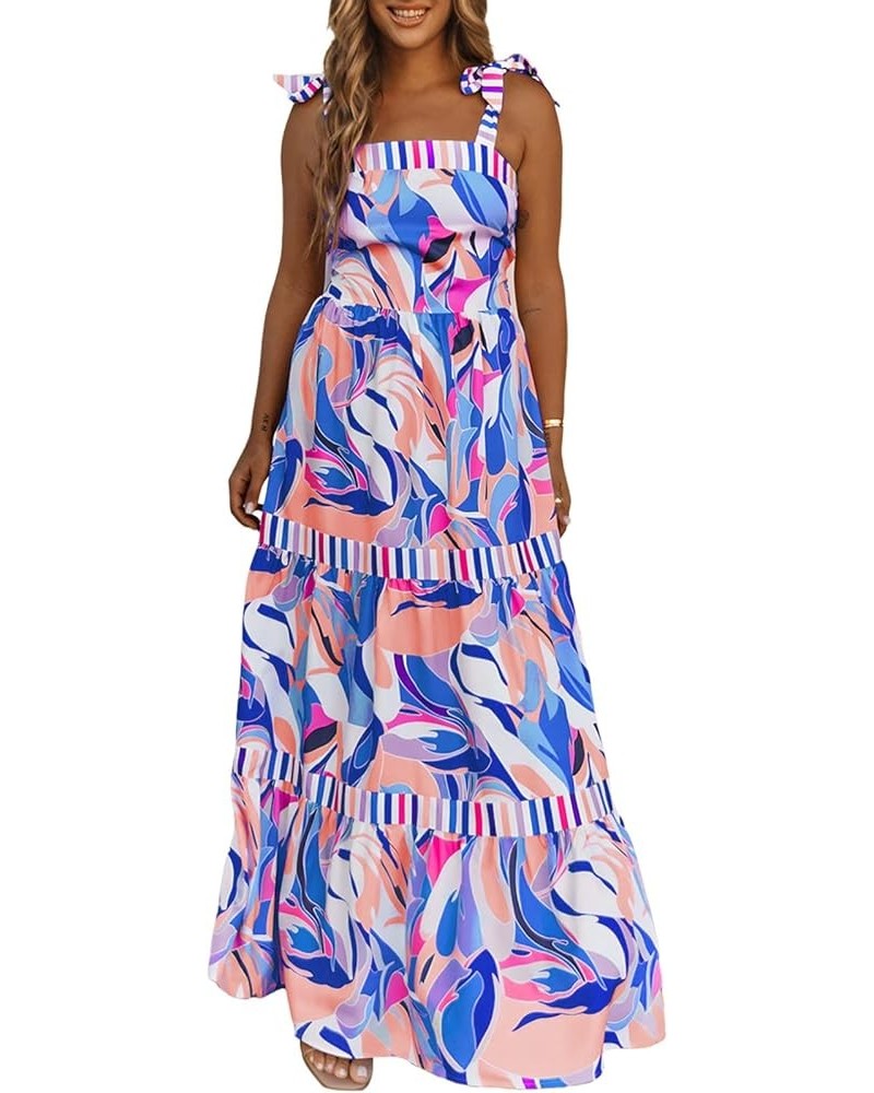 Women's 2024 Summer Sleeveless Floral Print Maxi Dress Strap Square Neck Beach Sun Dress Sky Blue $24.95 Dresses