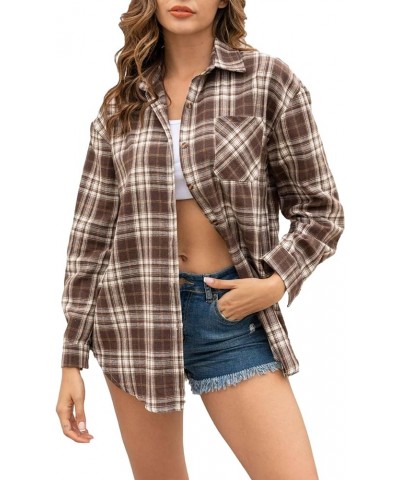 Flannel Plaid Shirts for Women Oversized Long Sleeve Button Down Shirts Blouse Tops Coffee $10.40 Blouses