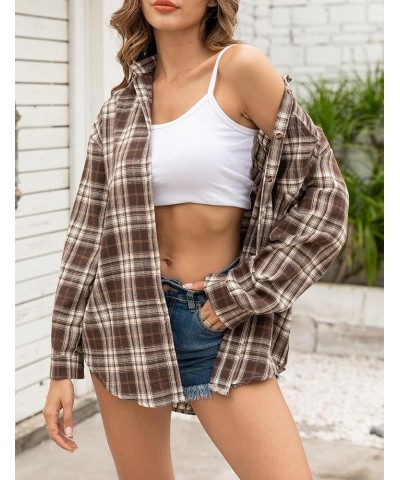 Flannel Plaid Shirts for Women Oversized Long Sleeve Button Down Shirts Blouse Tops Coffee $10.40 Blouses