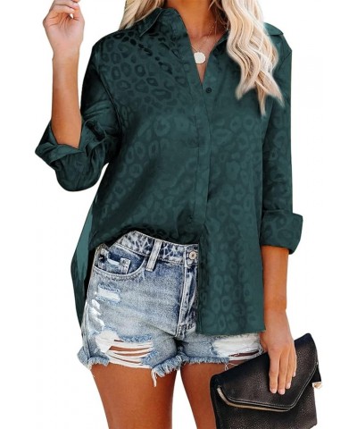 Womens V Neck Satin Embossed Roll up Sleeve Button Down Blouses Top T Deep Green $16.31 Blouses