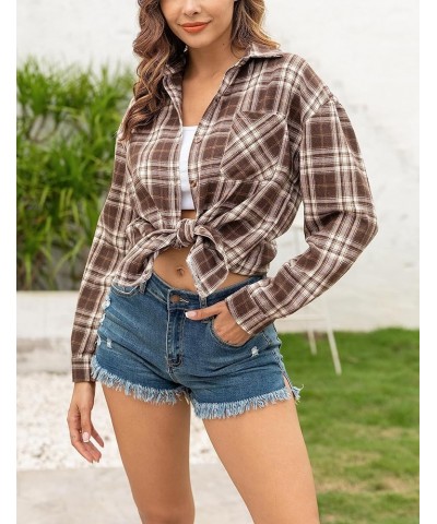 Flannel Plaid Shirts for Women Oversized Long Sleeve Button Down Shirts Blouse Tops Coffee $10.40 Blouses