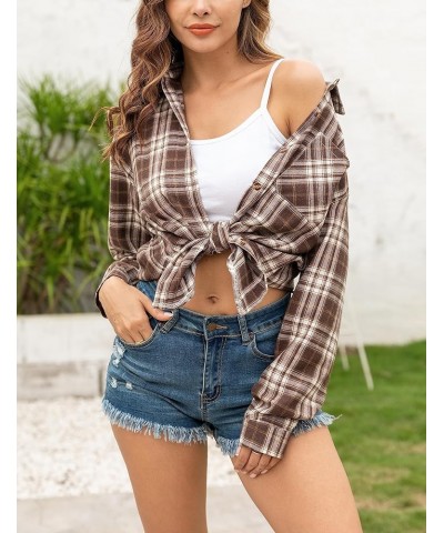 Flannel Plaid Shirts for Women Oversized Long Sleeve Button Down Shirts Blouse Tops Coffee $10.40 Blouses