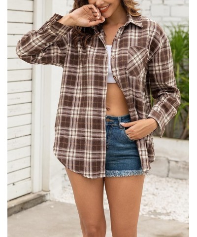 Flannel Plaid Shirts for Women Oversized Long Sleeve Button Down Shirts Blouse Tops Coffee $10.40 Blouses