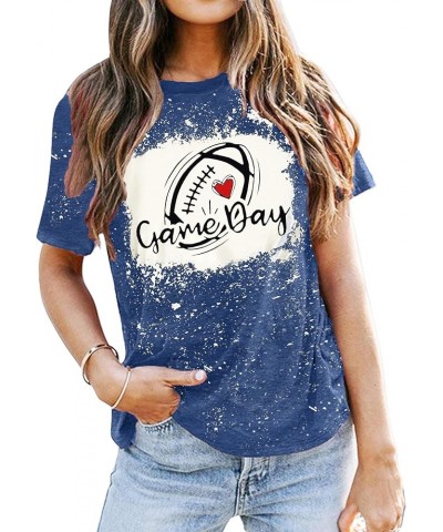 Game Day T Shirt Women Sunday Football Season Tee Vintage Bleached Shirt Letter Print Short Sleeve Top Dark Blue $11.39 T-Shirts