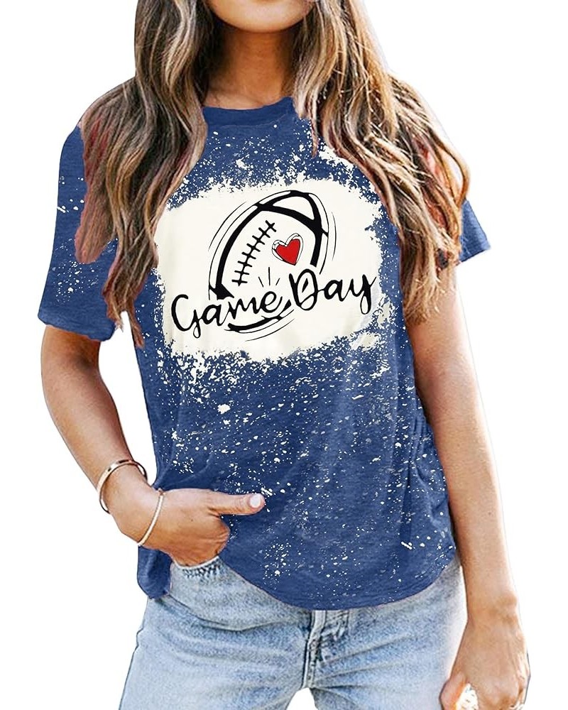 Game Day T Shirt Women Sunday Football Season Tee Vintage Bleached Shirt Letter Print Short Sleeve Top Dark Blue $11.39 T-Shirts