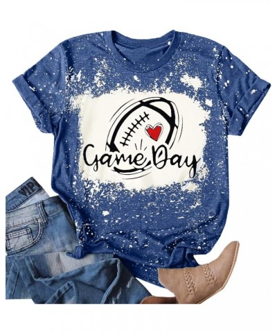 Game Day T Shirt Women Sunday Football Season Tee Vintage Bleached Shirt Letter Print Short Sleeve Top Dark Blue $11.39 T-Shirts