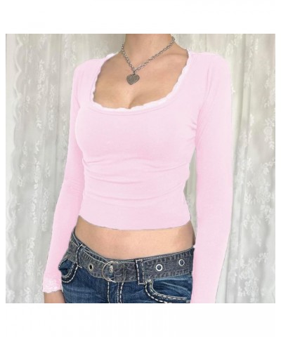 Women Solid Color Crop Tops Square Neck Long Sleeve T-Shirts Going Out Slim Fit Basic T-Shirts Streetwear D-pink $8.39 T-Shirts