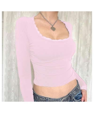 Women Solid Color Crop Tops Square Neck Long Sleeve T-Shirts Going Out Slim Fit Basic T-Shirts Streetwear D-pink $8.39 T-Shirts