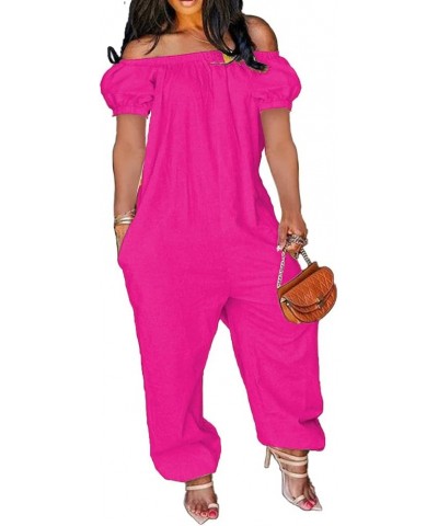 Women's Loose Fit Elastic Off Shoulder Beam Foot Long Sleeve Jumpsuit Rompers with Pockets Plus Size F-pink $18.90 Jumpsuits