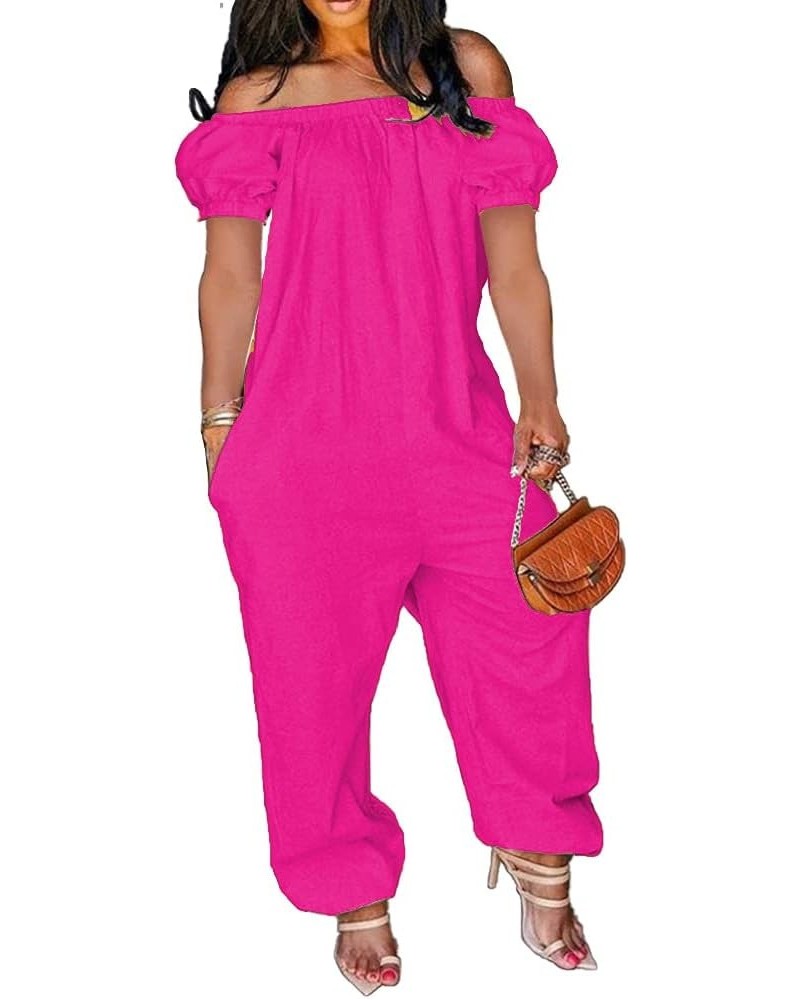 Women's Loose Fit Elastic Off Shoulder Beam Foot Long Sleeve Jumpsuit Rompers with Pockets Plus Size F-pink $18.90 Jumpsuits