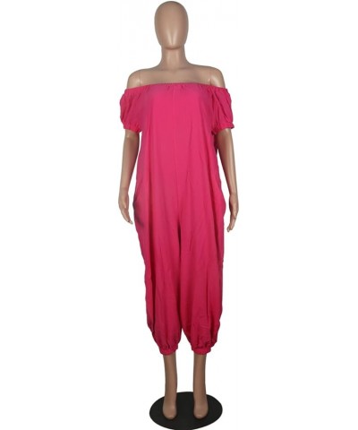 Women's Loose Fit Elastic Off Shoulder Beam Foot Long Sleeve Jumpsuit Rompers with Pockets Plus Size F-pink $18.90 Jumpsuits