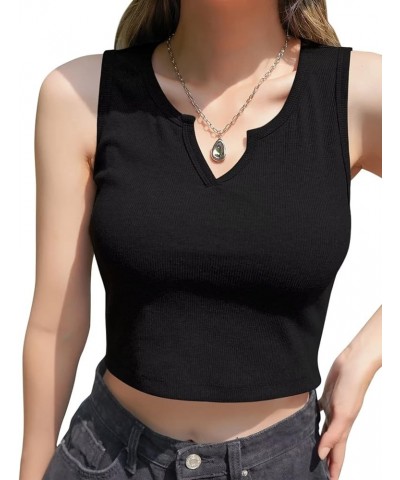 Women Summer Y2K V Neck Crop Tops Basic Short Short Sleeves Sexy Slim Ribbed Sleeveless Workout Tunic 2 Black $9.45 Tanks