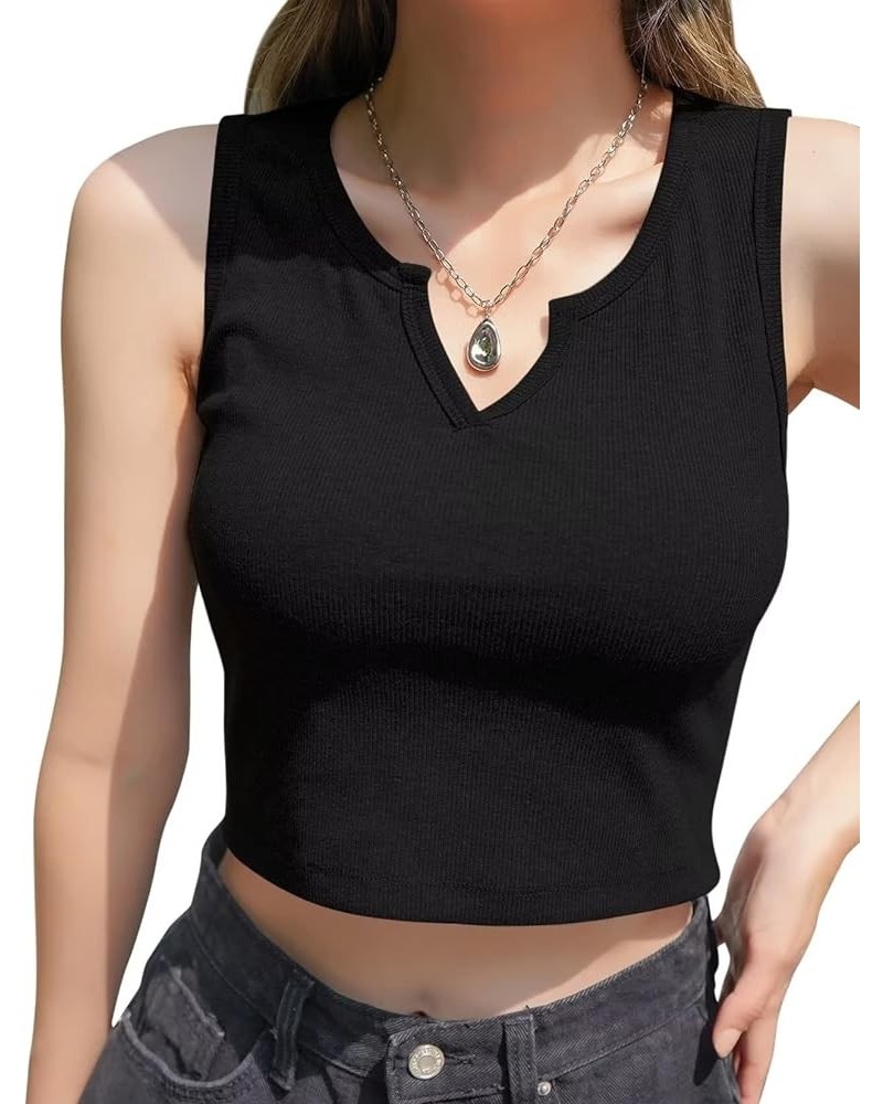 Women Summer Y2K V Neck Crop Tops Basic Short Short Sleeves Sexy Slim Ribbed Sleeveless Workout Tunic 2 Black $9.45 Tanks