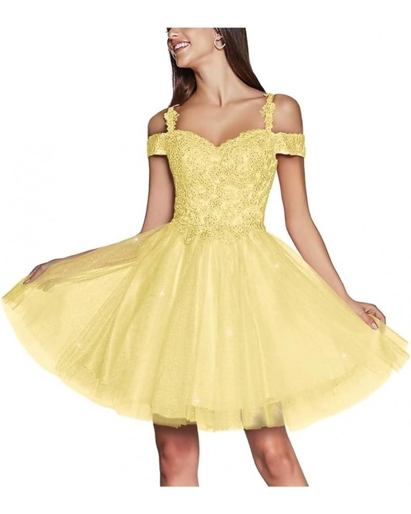 Sparkly Lace Applique Homecoming Dresses Short Prom 2024 Cold Shoulder Glitter Tulle Formal Party Gown A-yellow $31.25 Dresses