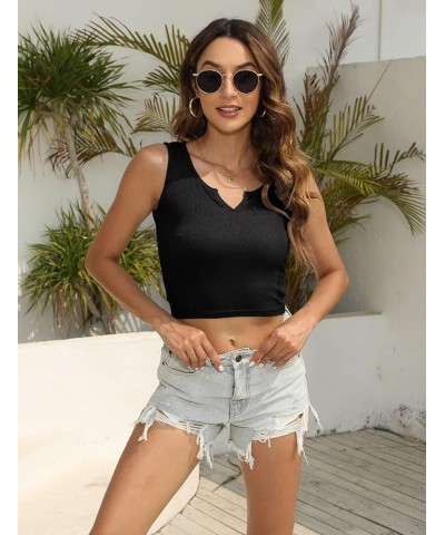 Women Summer Y2K V Neck Crop Tops Basic Short Short Sleeves Sexy Slim Ribbed Sleeveless Workout Tunic 2 Black $9.45 Tanks