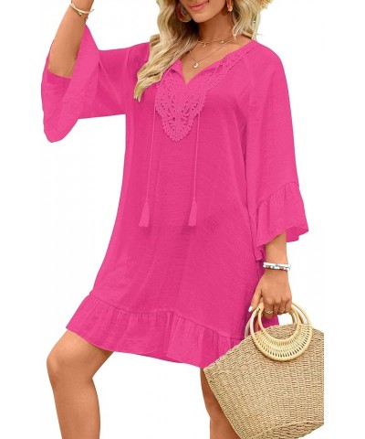 Women's Swimsuit Cover Up Shirt V Neck Bikini Beachwear Bathing Suit Swimwear Cover Ups Summer Loose Beach Dress Rose Red $17...