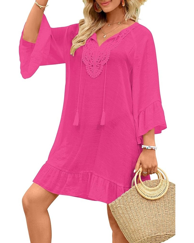 Women's Swimsuit Cover Up Shirt V Neck Bikini Beachwear Bathing Suit Swimwear Cover Ups Summer Loose Beach Dress Rose Red $17...