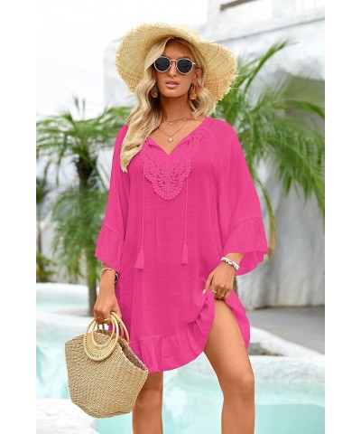 Women's Swimsuit Cover Up Shirt V Neck Bikini Beachwear Bathing Suit Swimwear Cover Ups Summer Loose Beach Dress Rose Red $17...